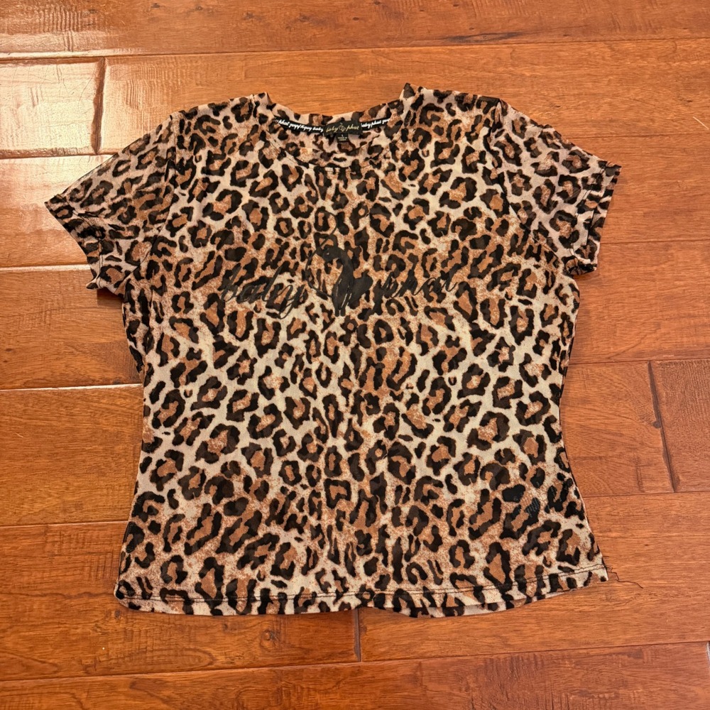 Baby Phat Top Womens L Brown Leopard Print Mesh Logo Short Sleeve Tee Y2K Style